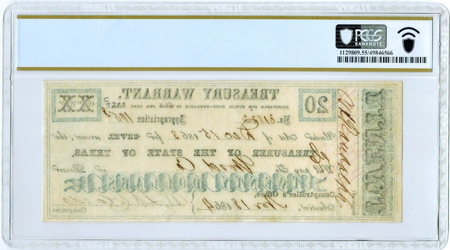 1863 PCGS AU 55 PPQ $20 State of Texas ☆☆ Treasury Warrant ☆☆ Military Svc. ☆☆