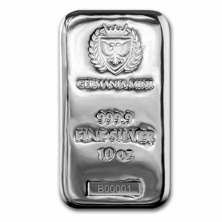 999.9 fine silver bullion bar from Germania Mint, weighing 10 ounces, showcasing its shiny surface and detailed engraving.