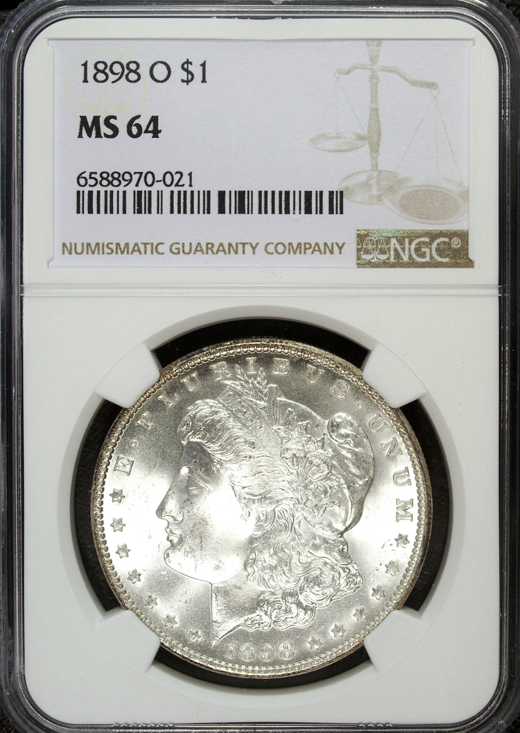"Brilliant uncirculated (MS 63) Morgan Silver Dollar, professionally graded by NGC"