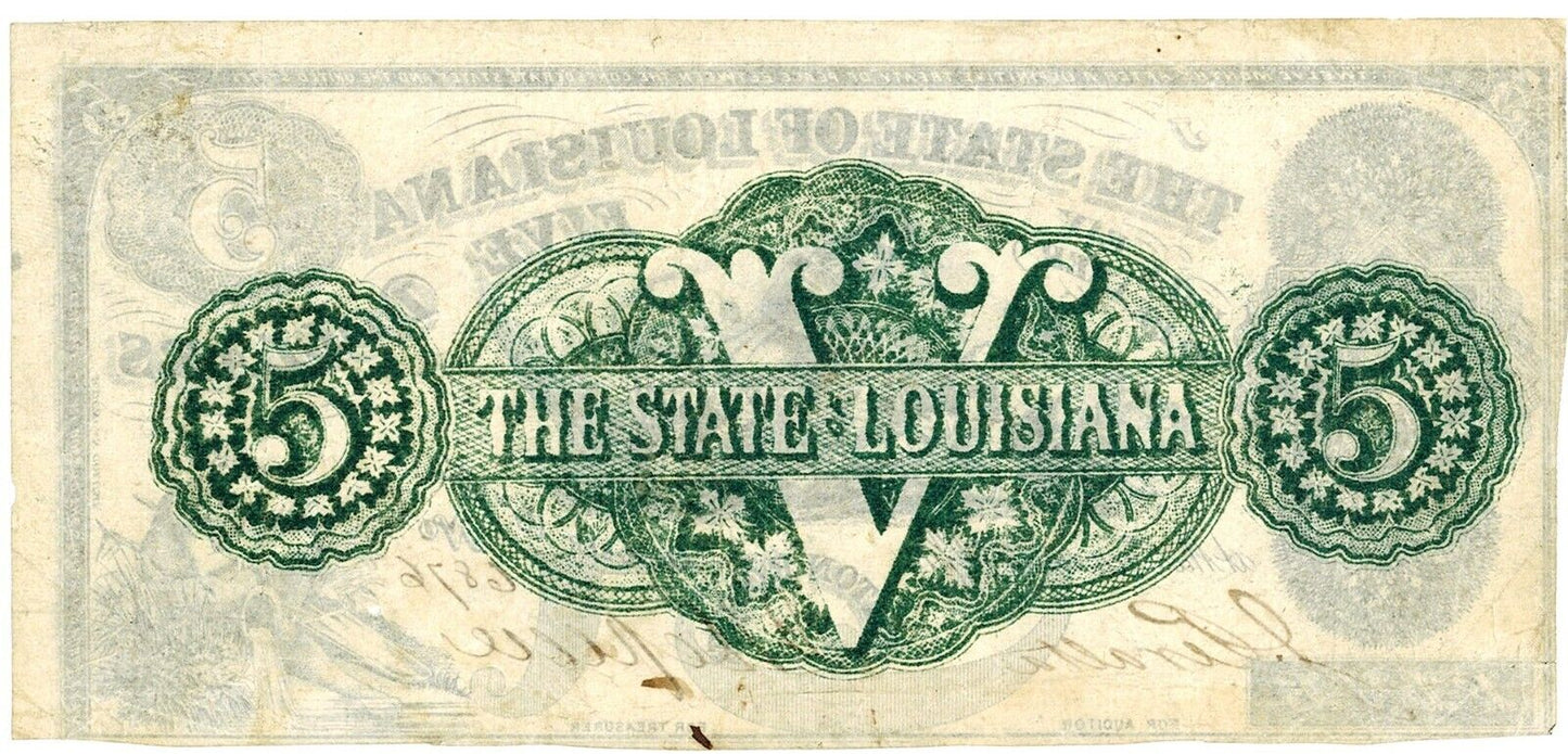 1862 $5 State of Louisiana, Baton Rouge ☆☆ Obsolete Note ☆☆ LACR10 ☆☆