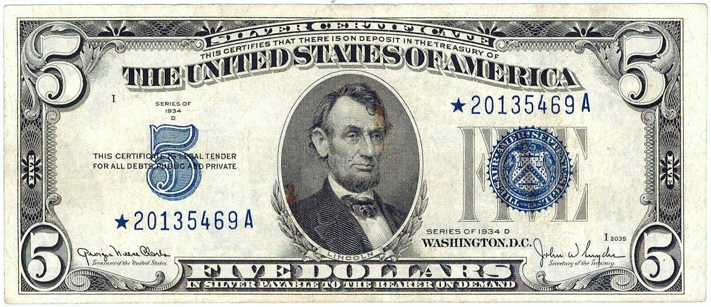 1934 D $5 Star Silver Certificate ☆☆ FR 1654* ☆☆ Great For Sets