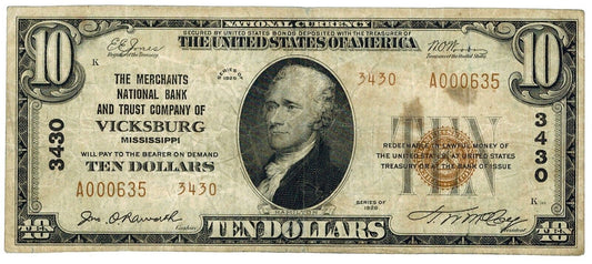 1929 $10 Type 2 Vicksburg, Mississippi National Bank Note ☆☆ Fr#1802-2 ☆☆