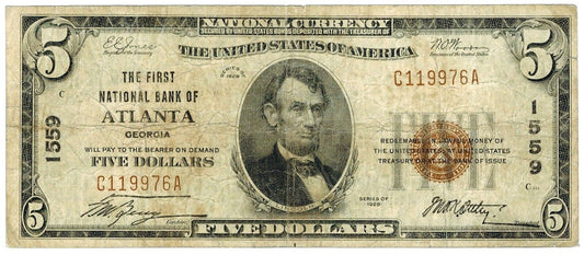 1929 $5 Type 1 Atlanta, Georgia National Bank Note ☆☆ Fr#1800-1 ☆☆ 976