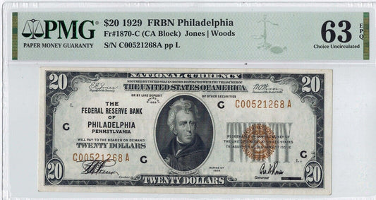 1929 $20 PMG EPQ 63 Philadelphia, Penn. Federal Reserve Bank Note ☆☆ Fr#1870 ☆☆