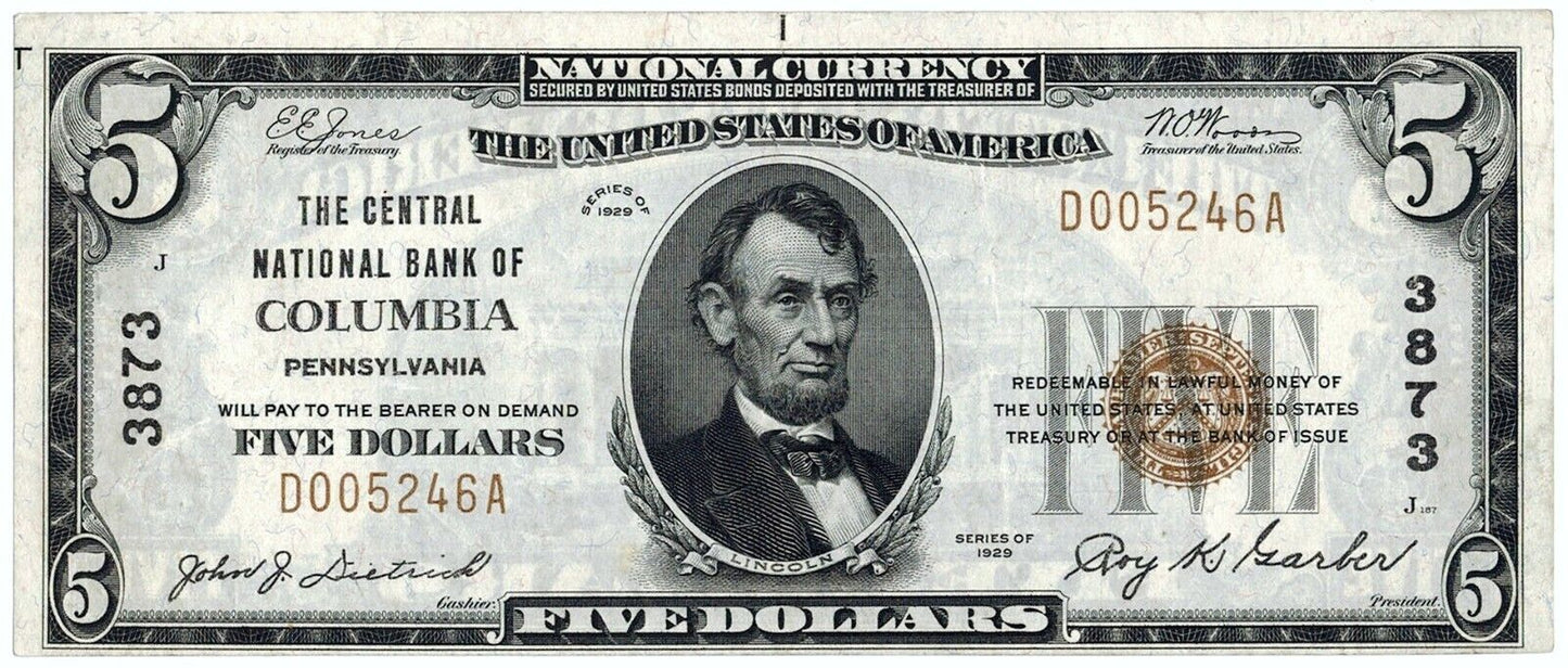 1929 T-1 $5 Columbia Penn. National Bank Note ☆☆ Ch.# 3873 ☆☆ Great Collectible