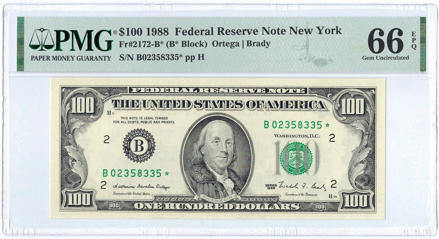 1988 $100 New York Star Federal Reserve RARE B*Block ☆☆ PMG 66 EPQ ☆☆ Fr#2172-B*