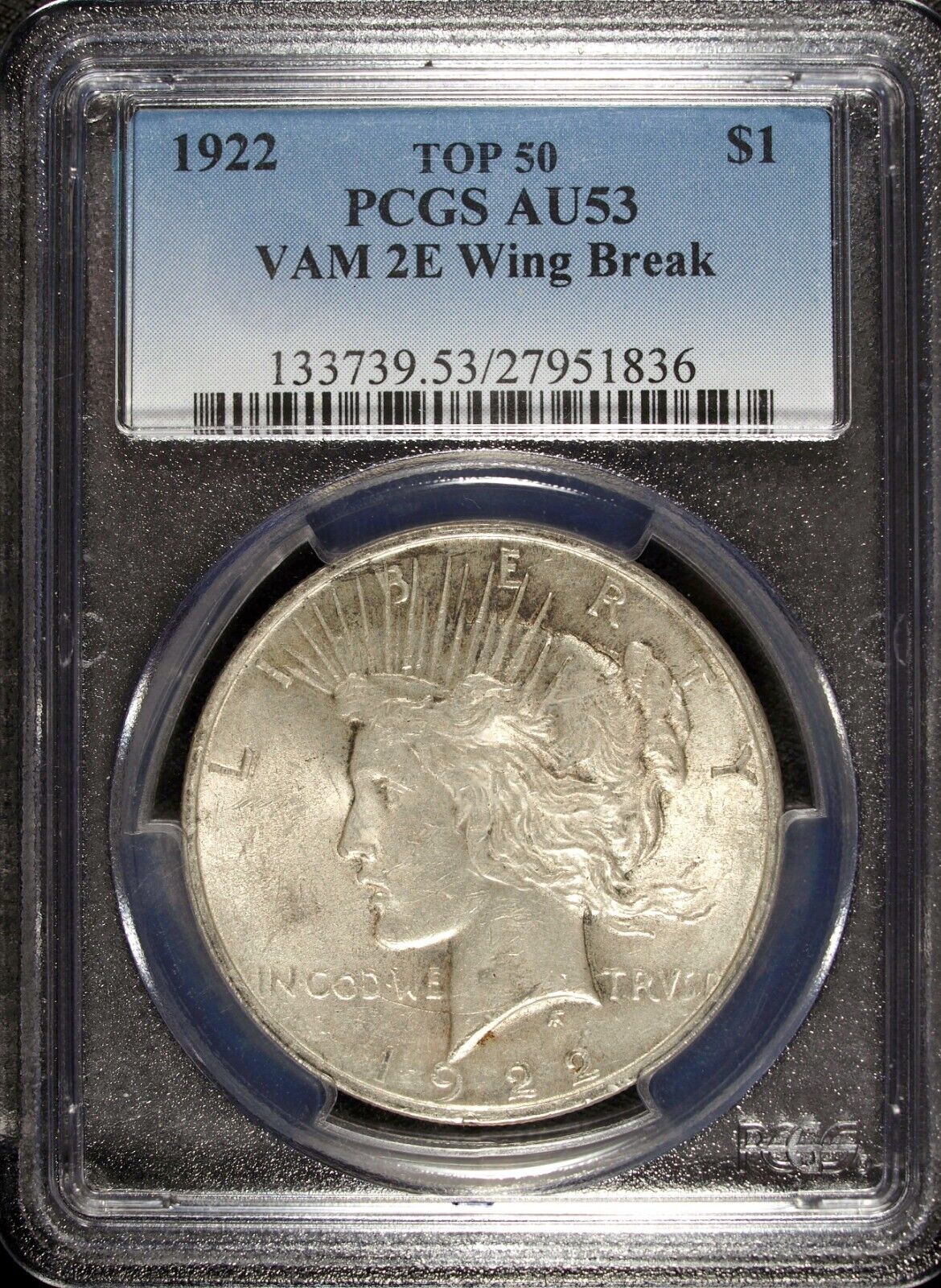 1922 P PCGS AU 53 Peace Silver Dollar ☆☆ Top 50 VAM 2E ☆☆ Great Set Filler 836