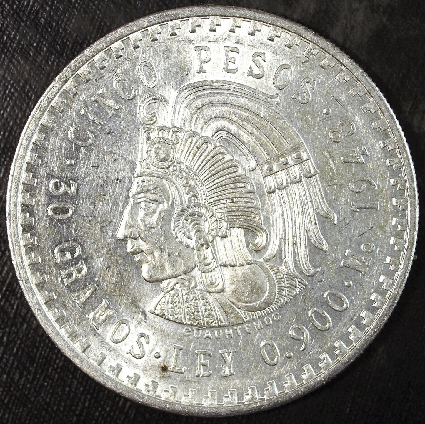 1948 Mexico Cinco 5 Pesos Silver Aztec Cuauhtemoc Uncirculated ☆☆ 310