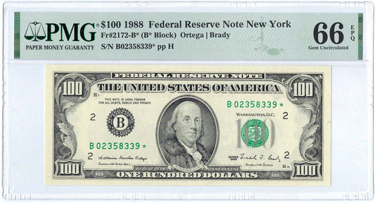 1988 $100 New York Star Federal Reserve RARE B*Block ☆☆ PMG 66 EPQ ☆☆ Fr#2172-B*