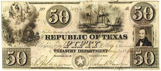 1840 $50 Republic of Texas ☆☆ Austin, Texas ☆☆ Obsolete Note ☆☆ #4994