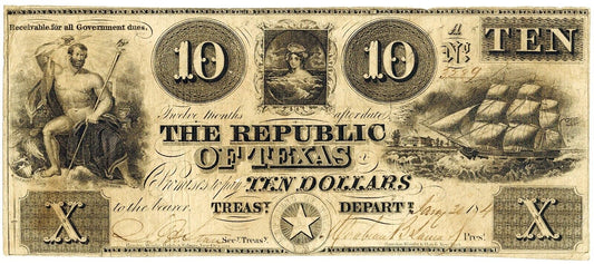 1840 $10 Republic of Texas ☆☆ Austin, Texas ☆☆ Obsolete Note ☆☆ #3389