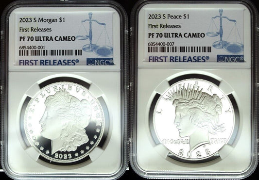 2023 S NGC PF 70 Proof Morgan & Peace Silver Dollars ☆☆ First Rel. ☆ 2 Coin Set