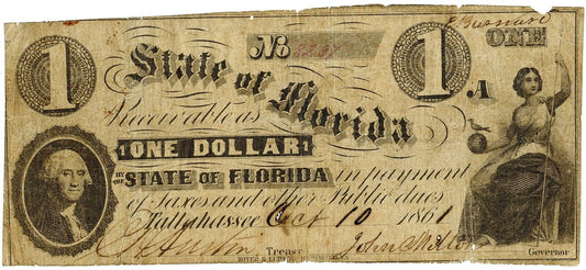 1861 $1 State of Florida, Tallahassee ☆☆ Obsolete Note CR#9 ☆☆ Great Collectible