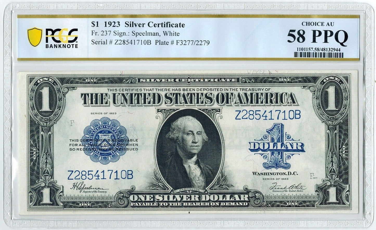 1923 PMG Choice AU 58 PPQ $1 Silver Certificate ☆☆ Fr. 237 ☆☆ Spellman/White 710