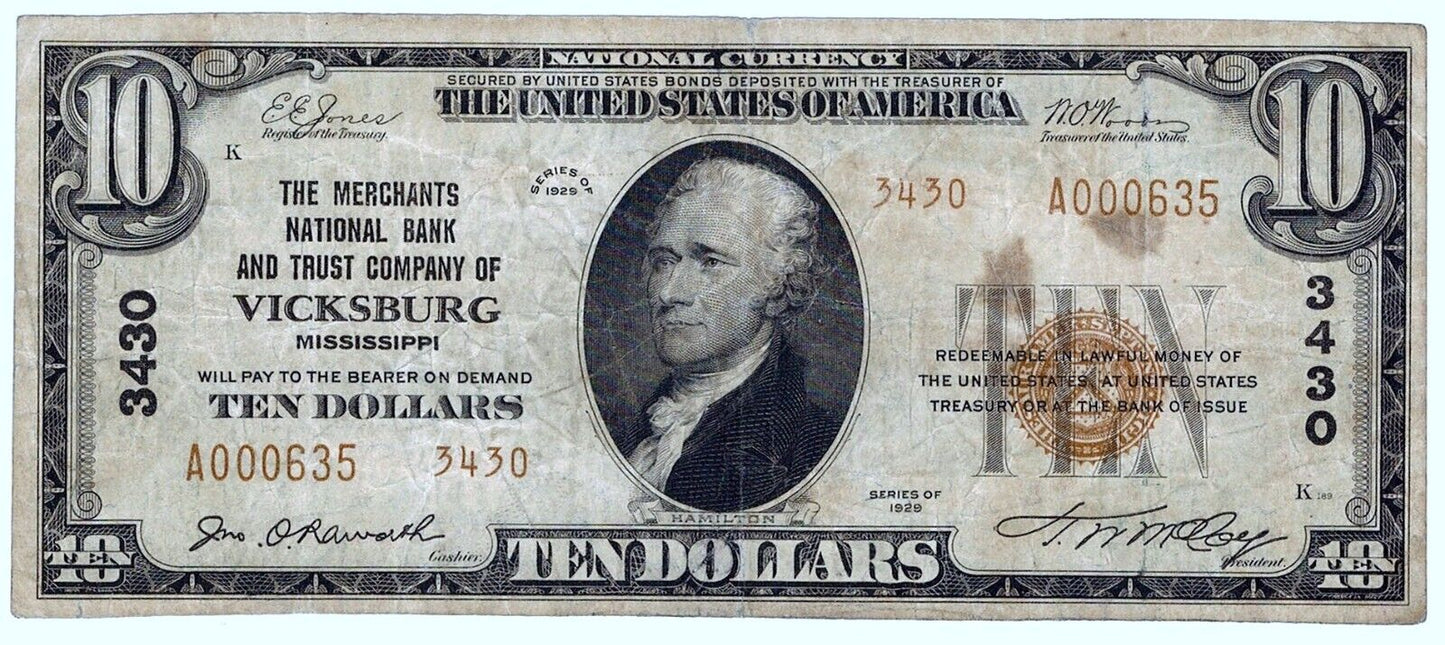 1929 $10 Type 2 Vicksburg, Mississippi National Bank Note ☆☆ Fr#1801-2 ☆☆