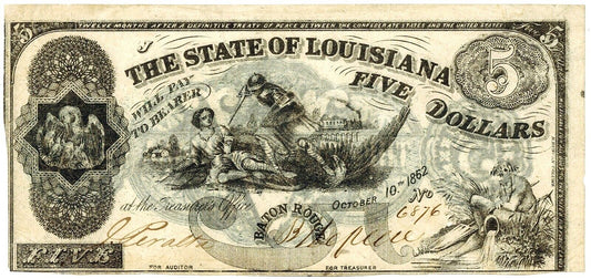 1862 $5 State of Louisiana, Baton Rouge ☆☆ Obsolete Note ☆☆ LACR10 ☆☆