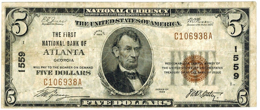 1929 $5 Type 1 Atlanta, Georgia National Bank Note ☆☆ Fr#1800-1 ☆☆