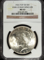 1923 P NGC MS 63 Peace Silver Dollar ☆☆ Top 50 VAM 1O ☆☆ Bar Wing LDS 002