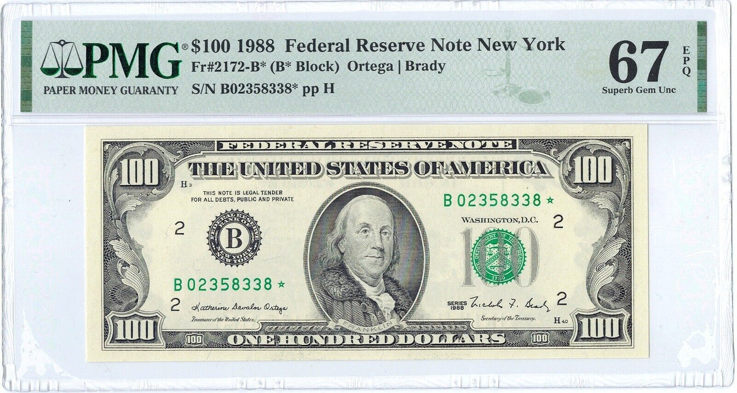 1988 $100 New York Star Federal Reserve RARE B*Block ☆☆ PMG 67 EPQ ☆☆ Fr#2172-B*