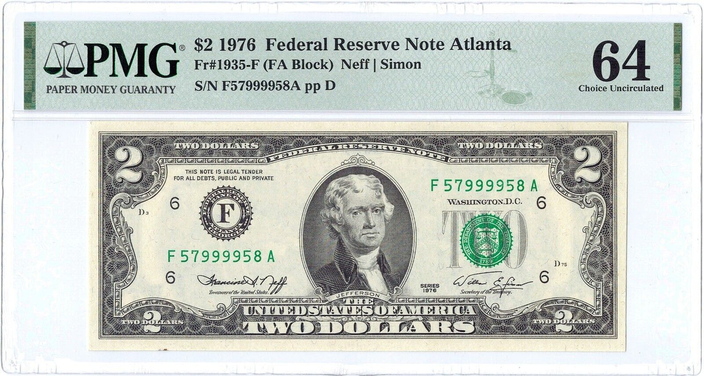 1976 $2 Fancy Serial Number Federal Reserve Note ☆☆ PMG 64 EPQ ☆☆ FR 1935-F 958