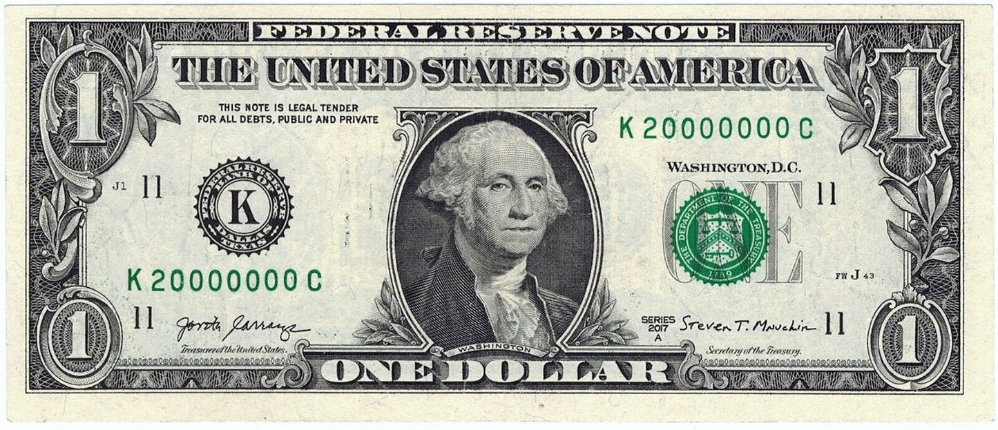 2017 A $1 Dallas Federal Reserve Note ☆☆ Millionaire Number ☆☆ K 20000000 C