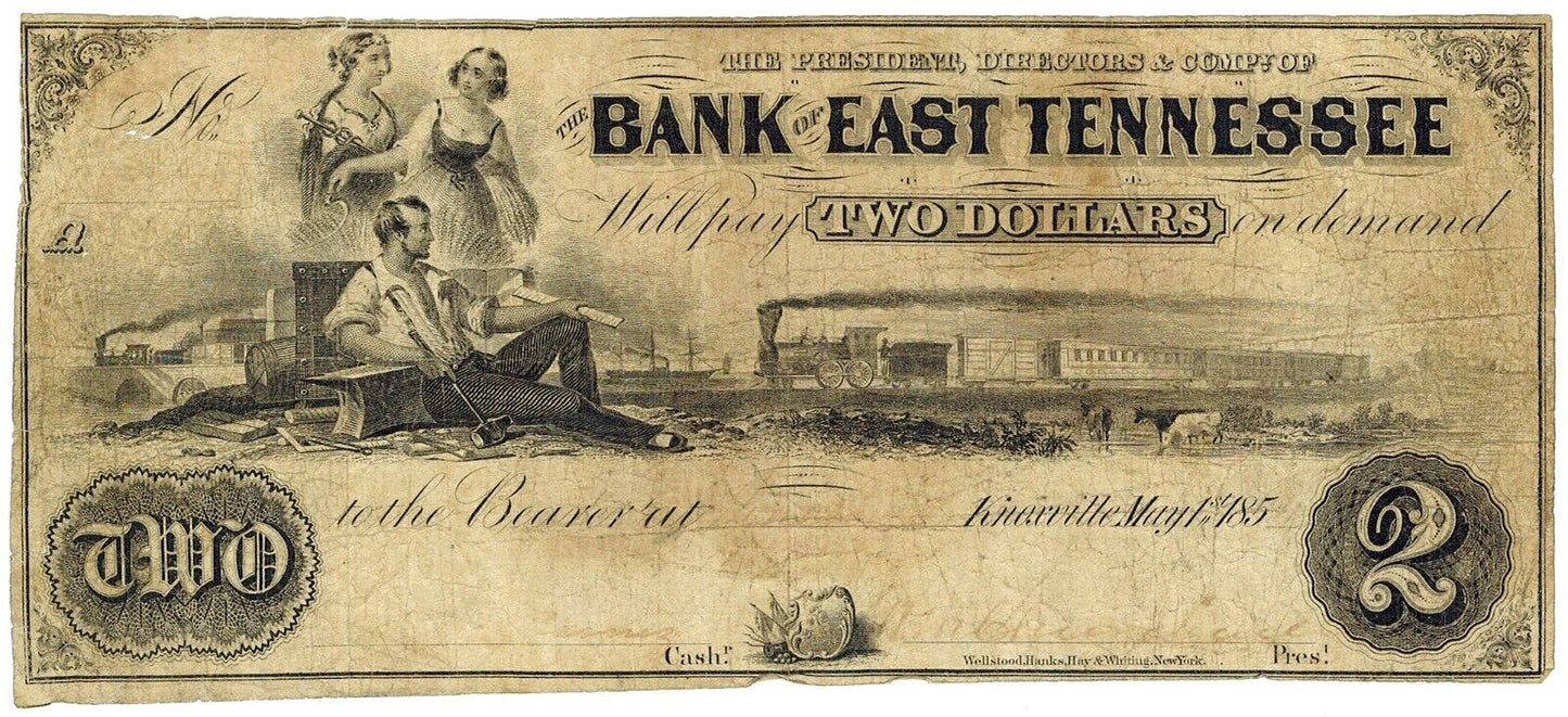 1854 $2 Bank of East Tennessee, Knoxville Obsolete Note ☆☆ 302