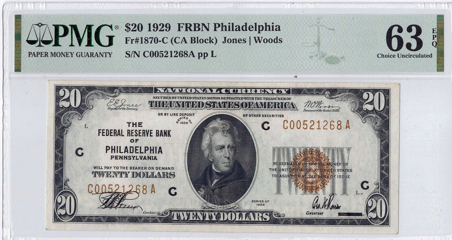 1929 $20 PMG EPQ 63 Philadelphia, Penn. Federal Reserve Bank Note ☆☆ Fr#1870 ☆☆