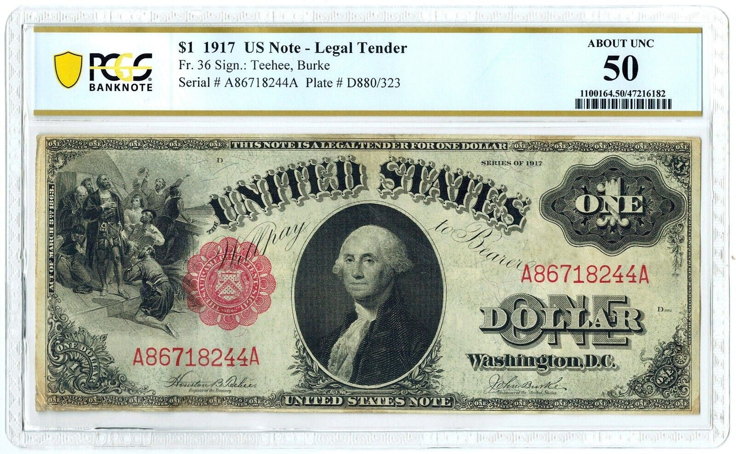 1917 PCGS AU 50 $1 Legal Tender Note ☆☆ Fr.36 ☆☆ Teehee/Burke 244