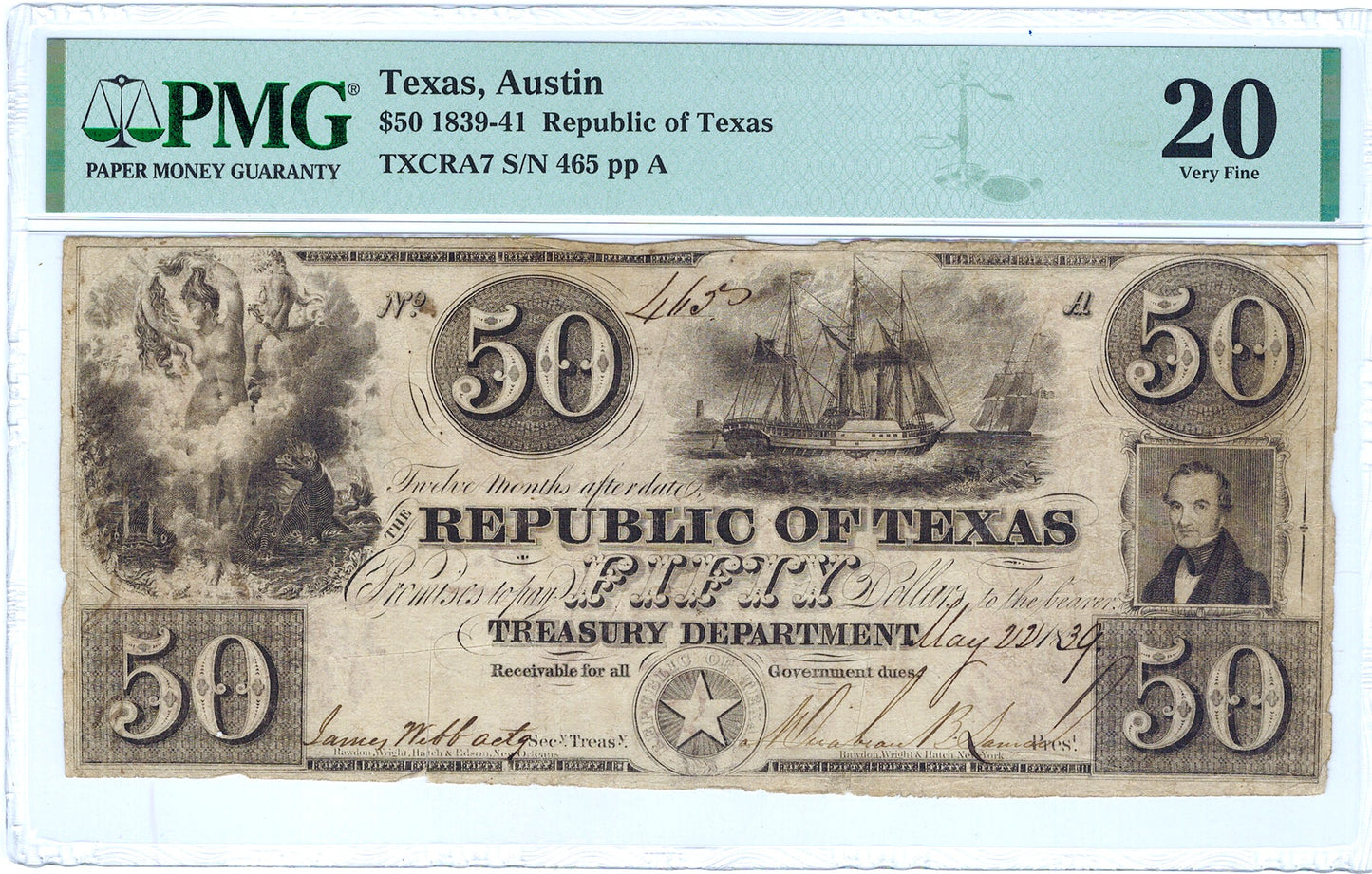 Republic of Texas May 22, 1839 $50 Serial#465 TXCRA7 Redback Star