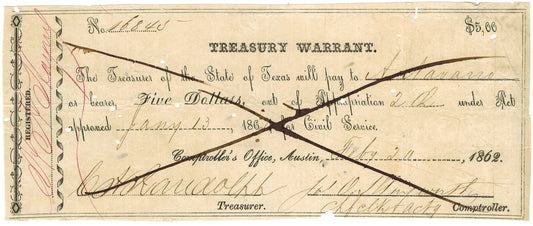 Jan./1862 $5 Texas Treasury Warrant for Civil Service