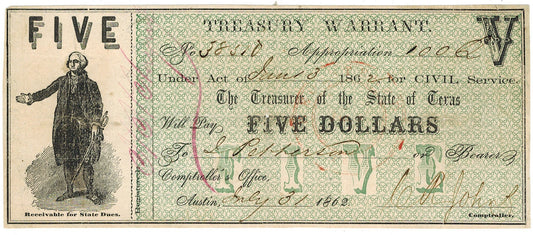 June/1862 $5 Texas Treasury Warrant for Civil Service