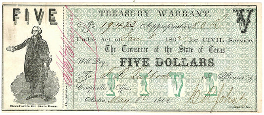 Jan./1862 $5 Texas Treasury Warrant for Civil Service