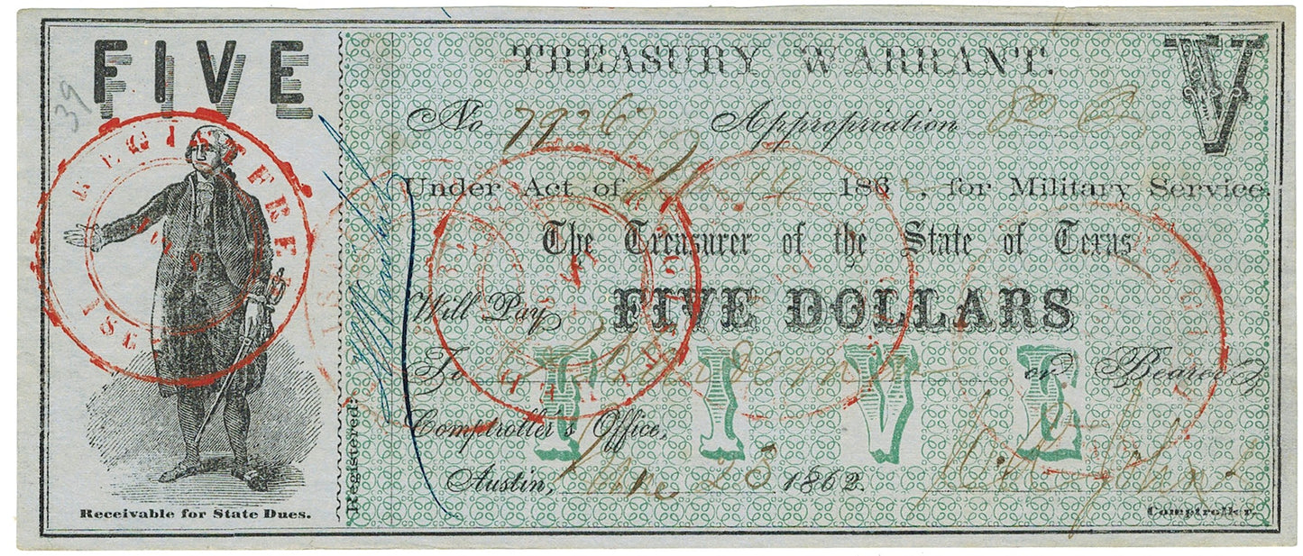 June/1862 $5 Texas Treasury Warrant for Military Service