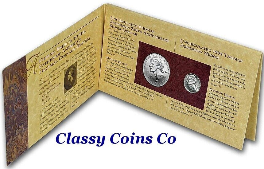 1993 P Thomas Jefferson Coin & Currency Set Silver Dollar 1976 $2 Bill&Nickel ☆☆