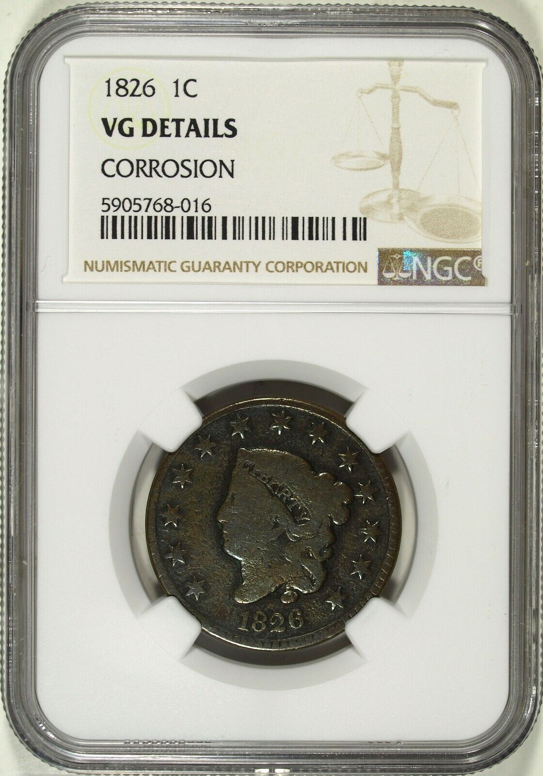 1826 NGC VG Details Coronet Head Large Cent ☆☆ Corrosion ☆☆ 016