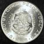 1955 Mexico Cinco 5 Pesos Silver Hidalgo Uncirculated ☆☆ 127