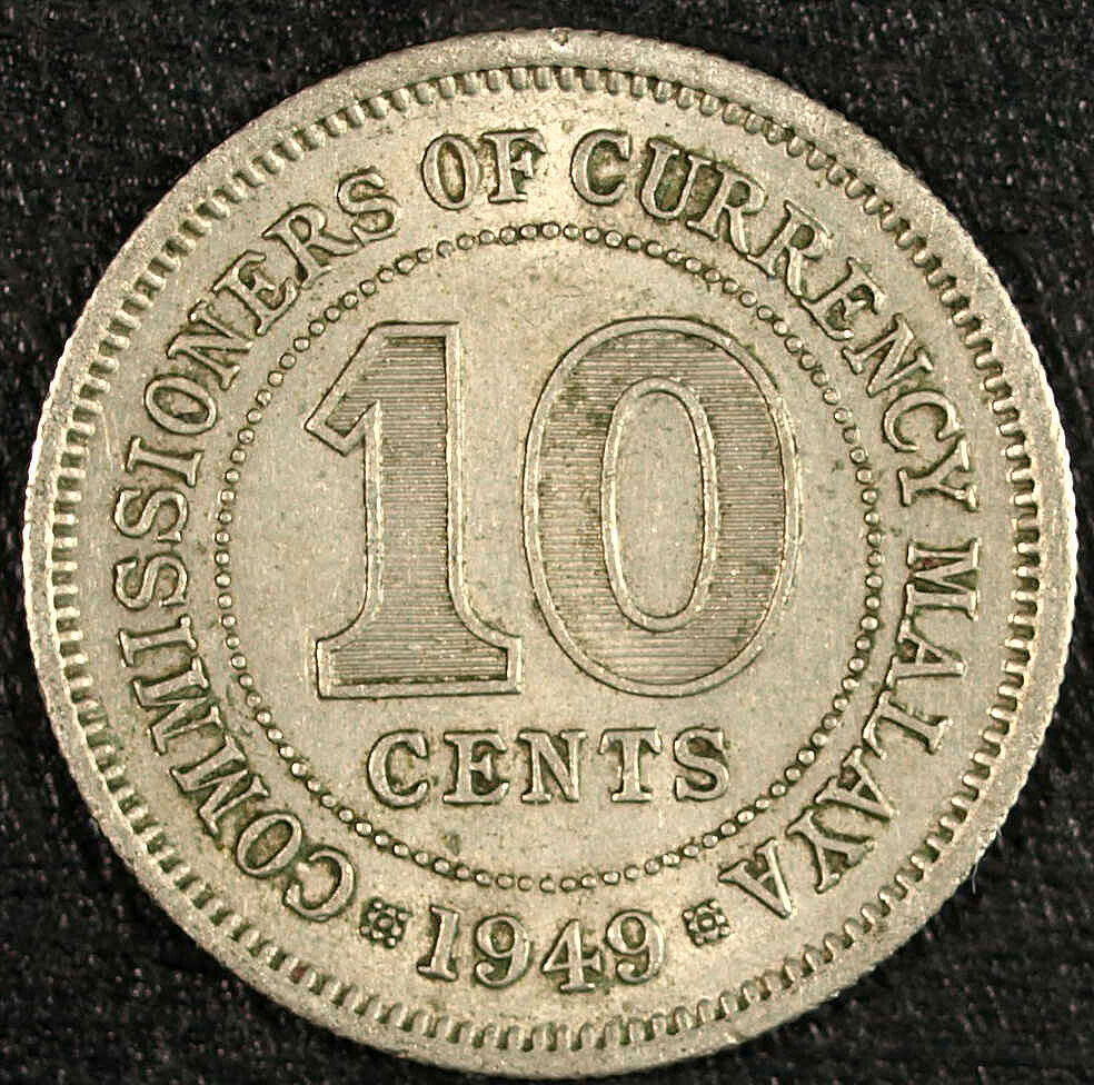 1949 Malaysia 10 Cents ☆☆ Circulated Toned ☆☆ Great Collectible 449
