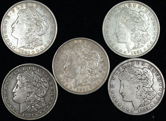 Lot of 5 1921 Morgan Silver Dollars ☆☆ Circulated ☆☆ Great Set Filler 370