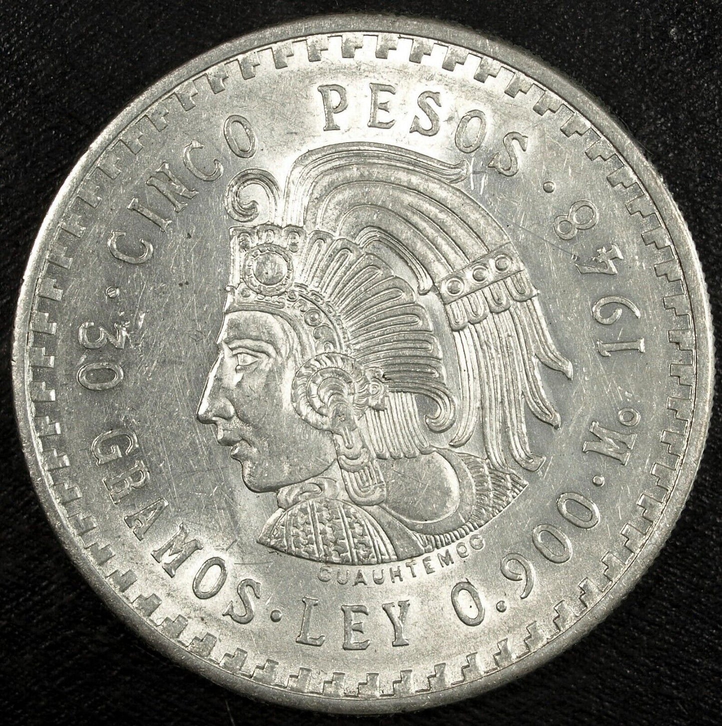 1948 Mexico Cinco 5 Pesos Silver Aztec Cuauhtemoc Uncirculated ☆☆ 603
