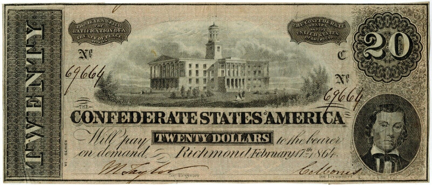 1864 T-67 $20 Confederate Currency ☆☆ Feb/1864 ☆☆ Great Collectible 664