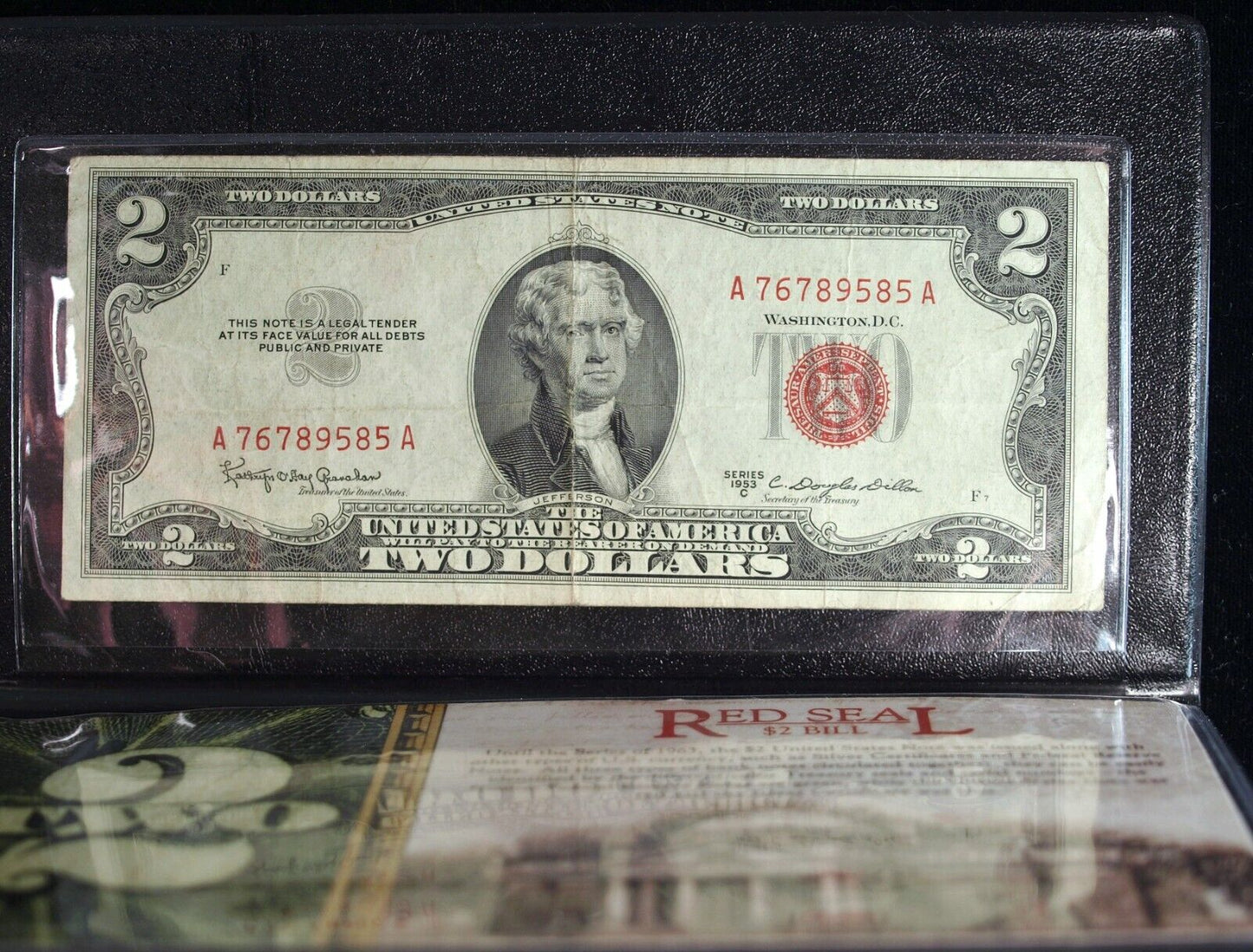 Red Seal 1953 C Two Dollar Bill ☆☆ Bifold Display Holder ☆☆ Great Collectible