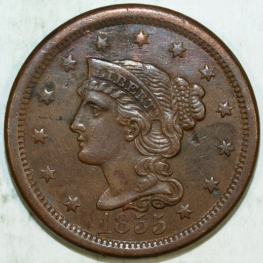 1855 Upright "55" Braided Hair Large Cent Piece ☆☆Circulated ☆☆ 360