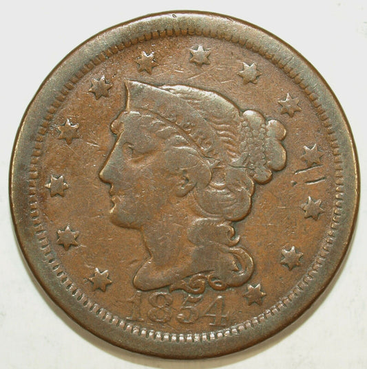 1854 Braided Hair Large Cent Piece ☆☆ Circulated ☆☆ Great Set Filler 209