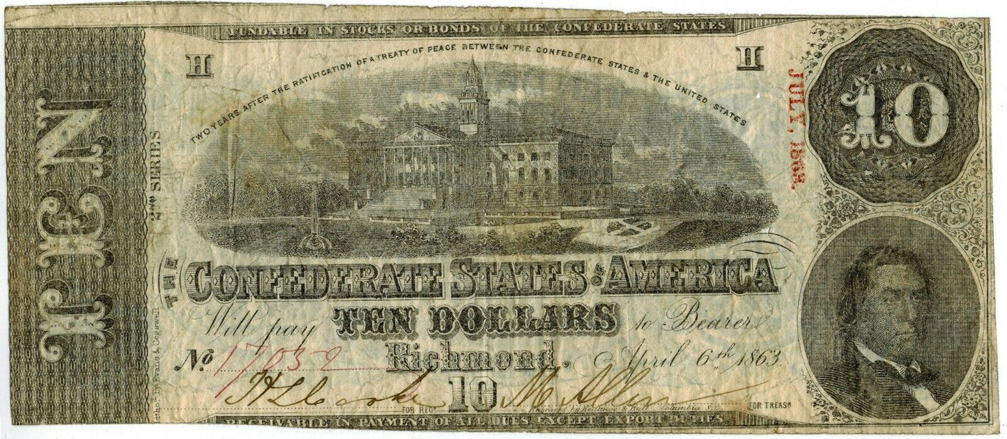 1863 T-59 $10 Confederate Currency ☆☆ April/1863 ☆☆ Great Collectible 052