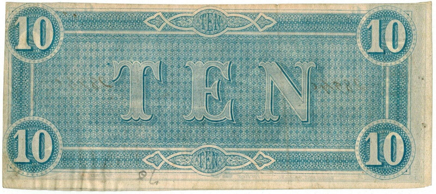 1864 T-68 $10 Confederate Currency ☆☆ Feb/1864 ☆☆ Great Collectible 940