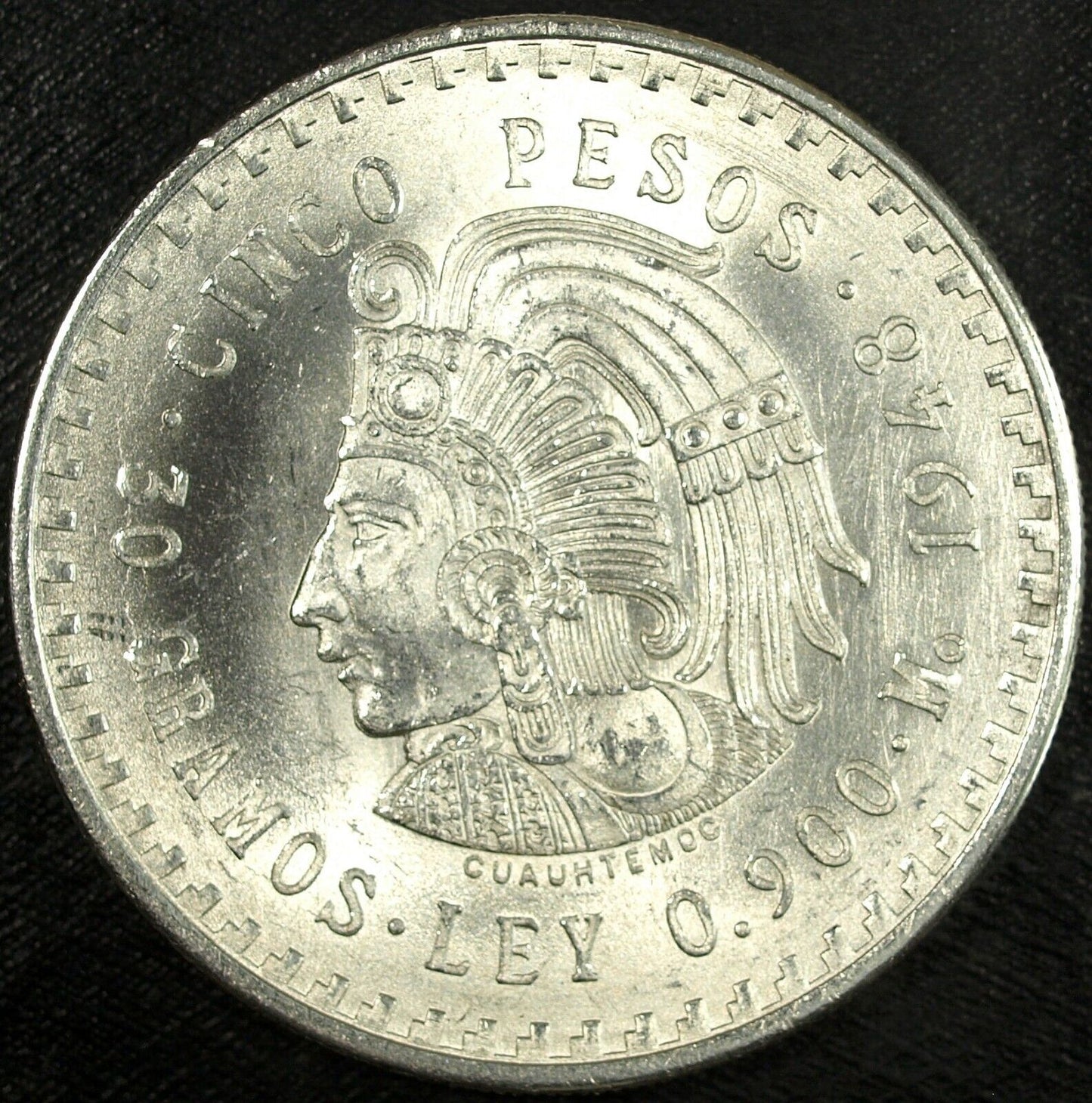 1948 Mexico Cinco 5 Pesos Silver Aztec Cuauhtemoc Uncirculated ☆☆ 518