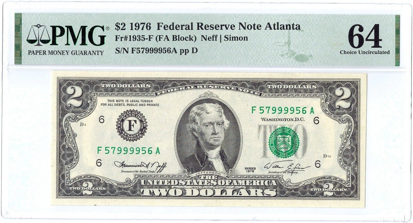 1976 $2 Fancy Serial Number Federal Reserve Note ☆☆ PMG 64 EPQ ☆☆ FR 1935-F 956