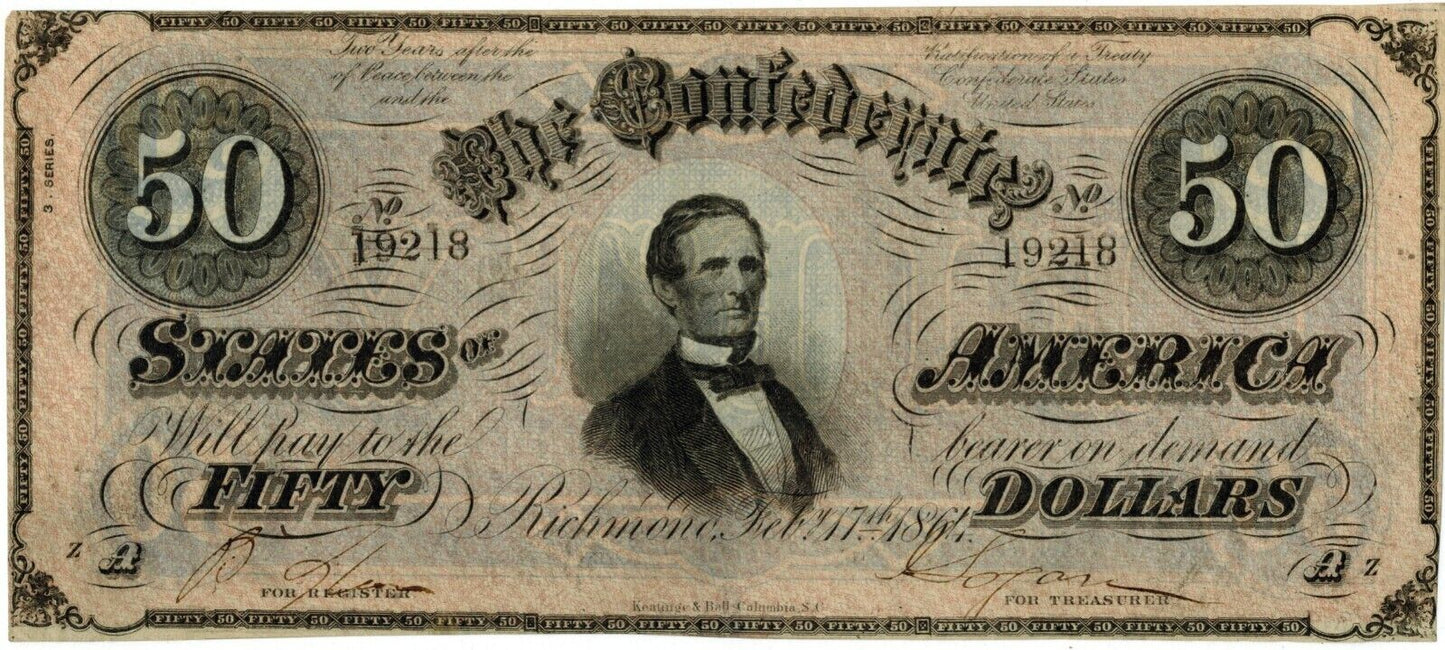 1864 T-66 $50 Confederate Note ☆☆ Feb/1864 ☆☆ Plate Az 218