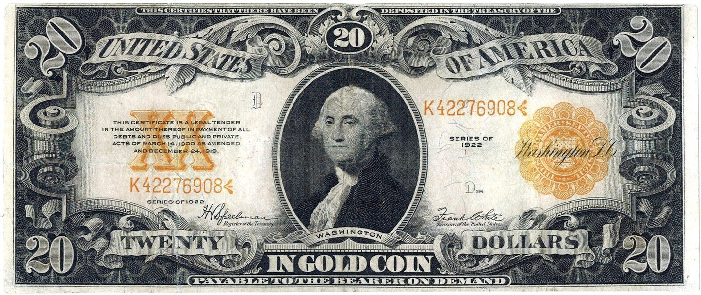 1922 XF $20 Large Size Gold Certificate ☆☆ Fr. 1187 ☆☆ 908