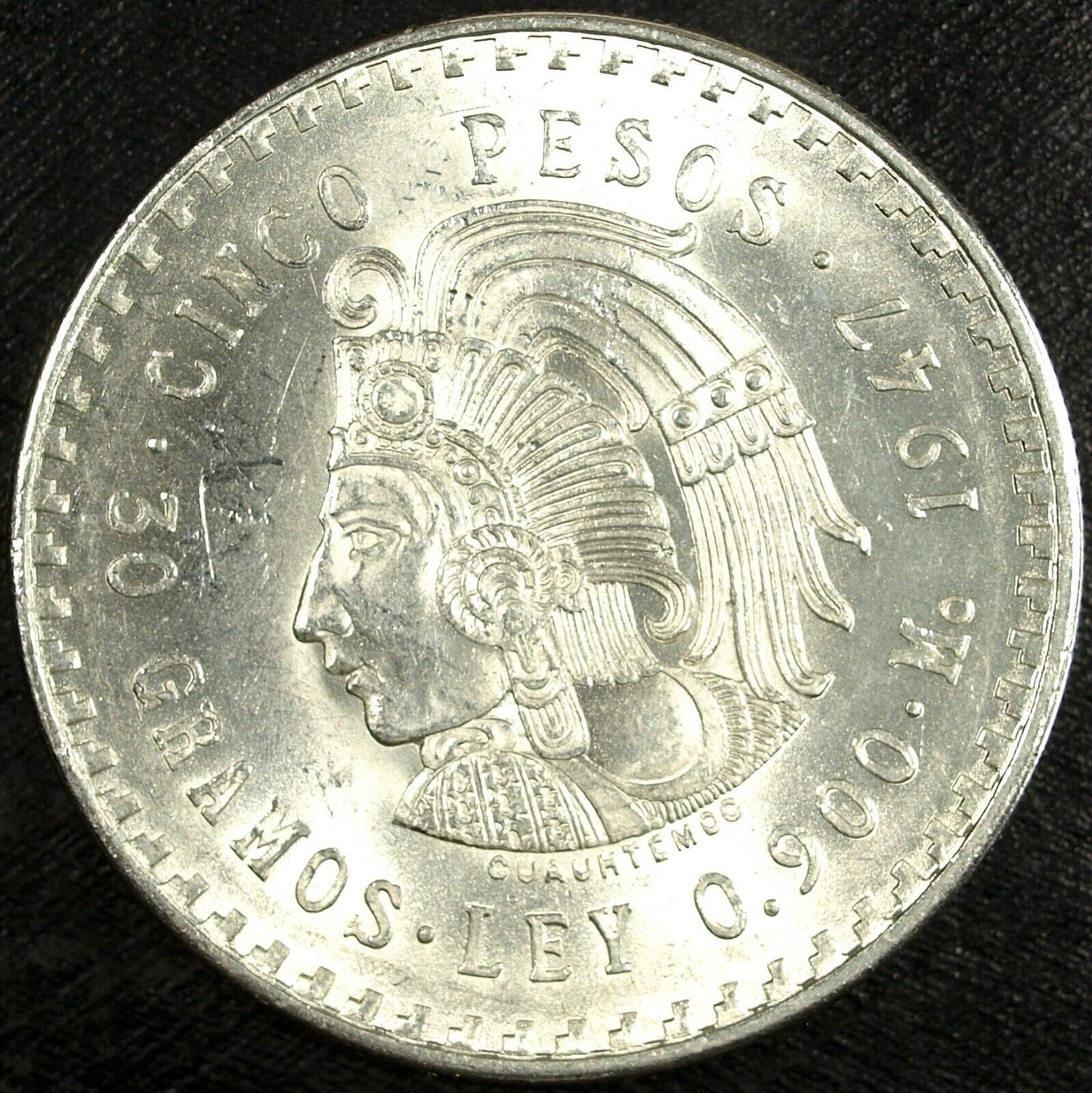 1947 Mexico Cinco 5 Pesos Silver Aztec Cuauhtémoc Uncirculated ☆☆ 515